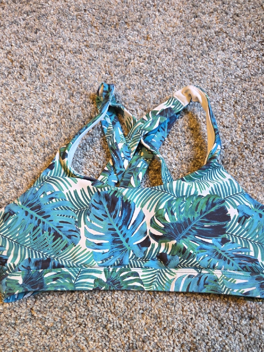 Tropical Leaf Print Strappy Sports Bra - Blue Green
